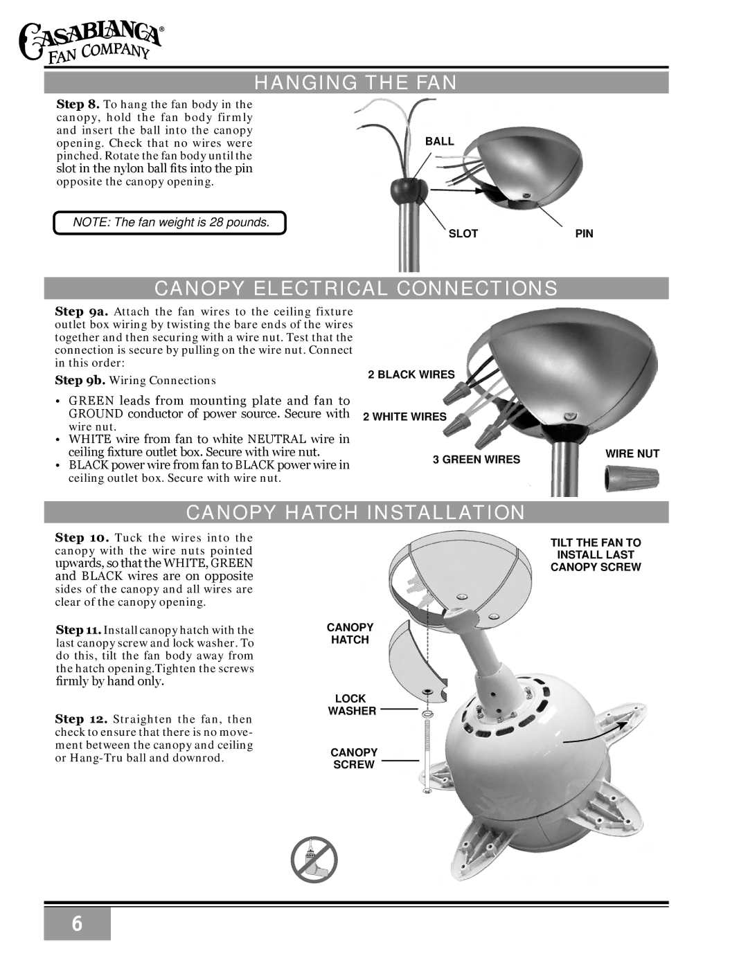 Casablanca Fan Company C10GXXM warranty Hanging the FAN, Canopy Electrical Connections, Canopy Hatch Installation 