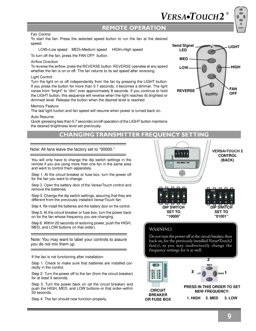 Casablanca Fan Company C10GXXM warranty Remote Operation, ChangingTransmitter Frequency Setting 