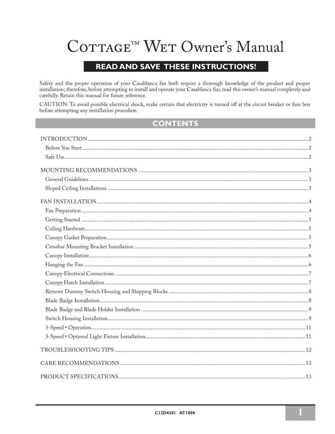 Casablanca Fan Company c12d4301 owner manual Read and Save These Instructions Contents 