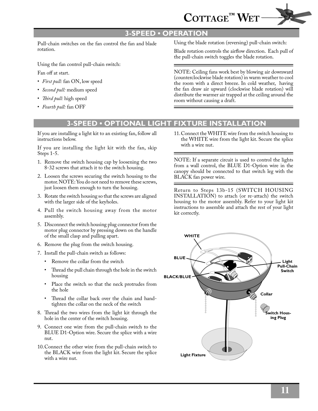 Casablanca Fan Company c12d4301 owner manual Speed Operation, Speed Optional Light Fixture Installation 