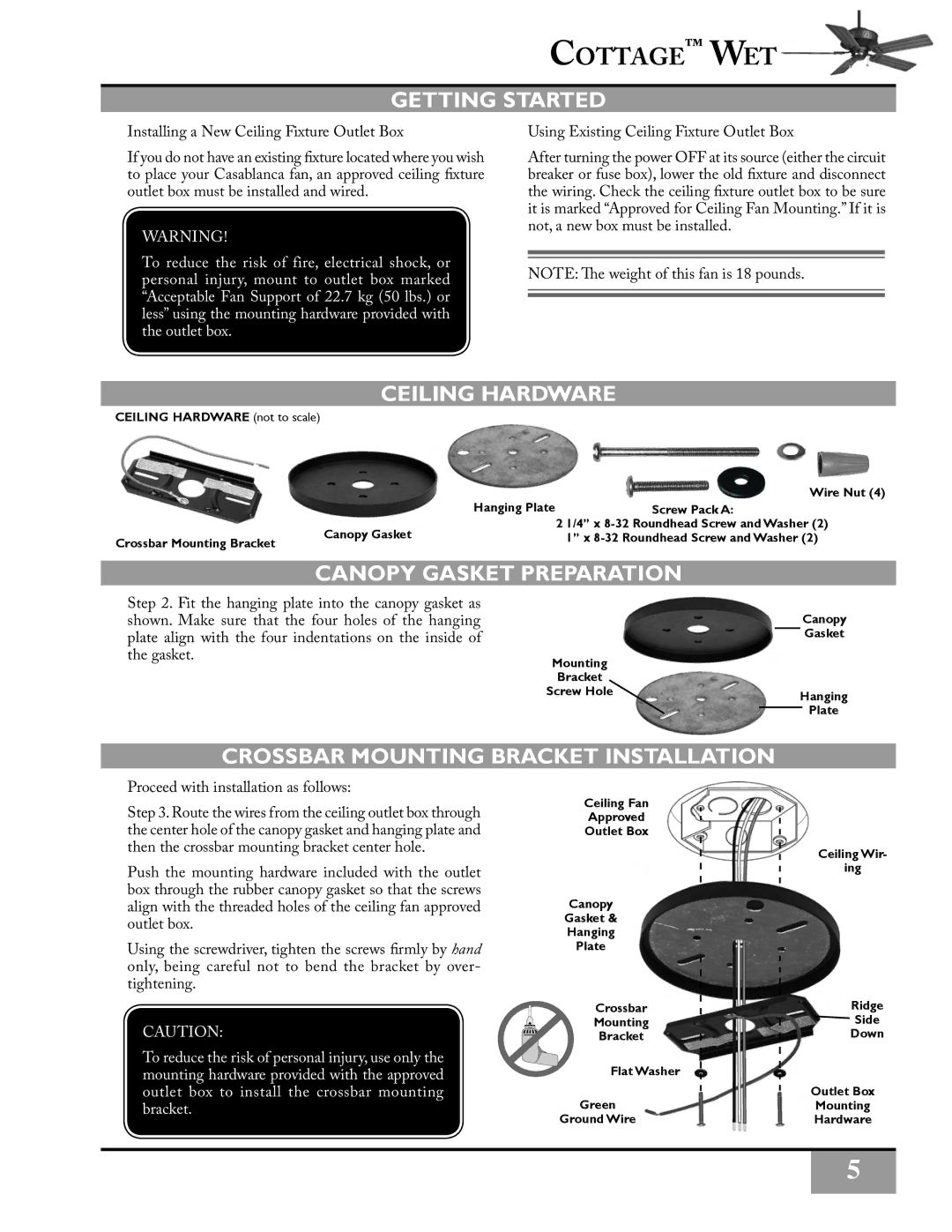 Casablanca Fan Company c12d4301 owner manual Getting Started, Ceiling Hardware, Canopy Gasket Preparation 