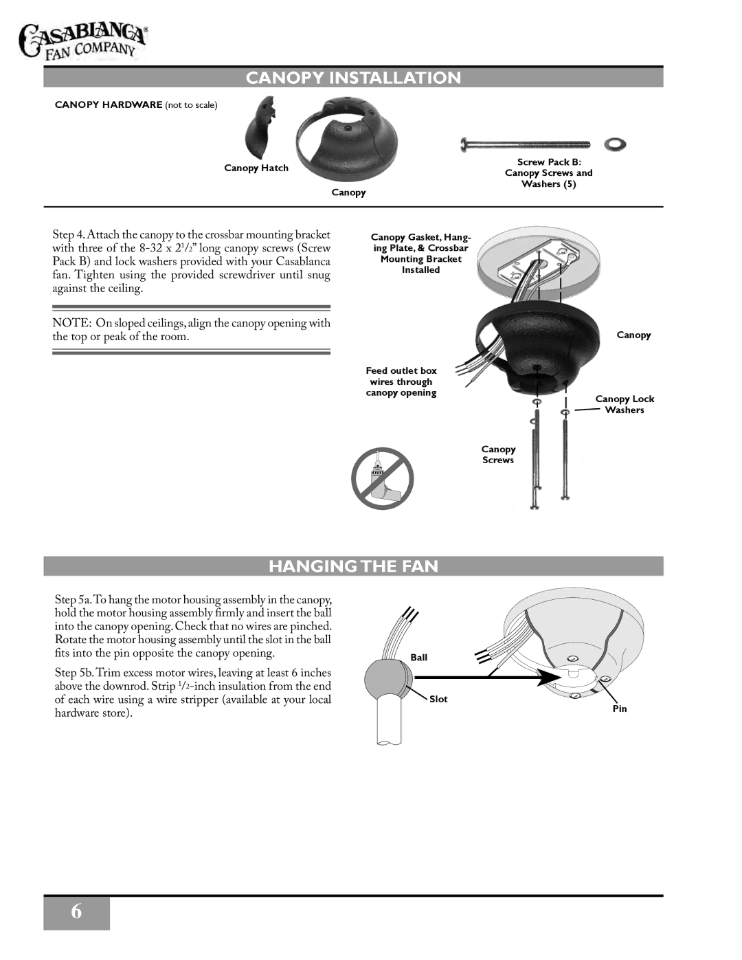 Casablanca Fan Company c12d4301 owner manual Canopy Installation, Hanging the Fan 