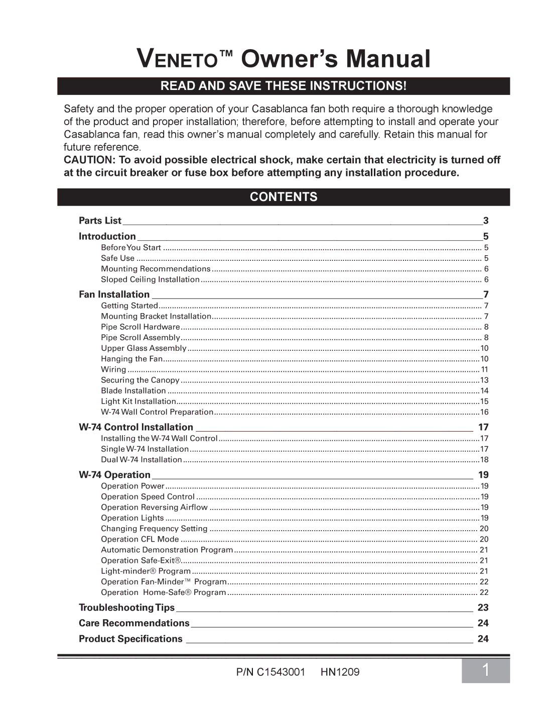 Casablanca Fan Company C15G624L owner manual Read and Save These Instructions 