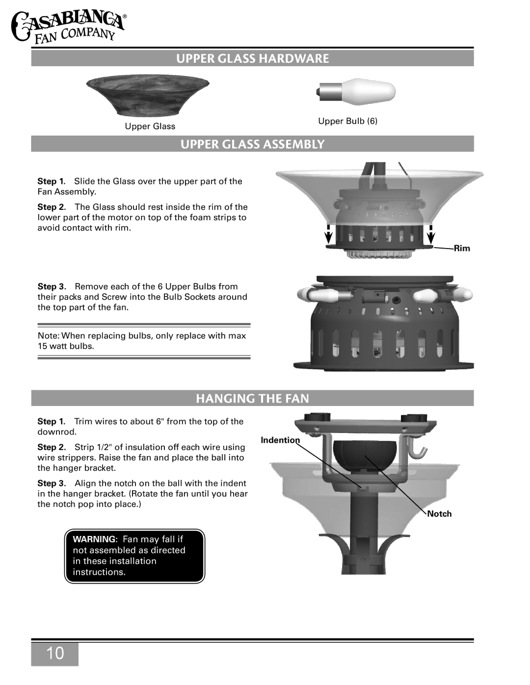 Casablanca Fan Company C15G624L Upper Glass Hardware, Upper Glass Assembly, Hanging the Fan, Rim, Indention Notch 