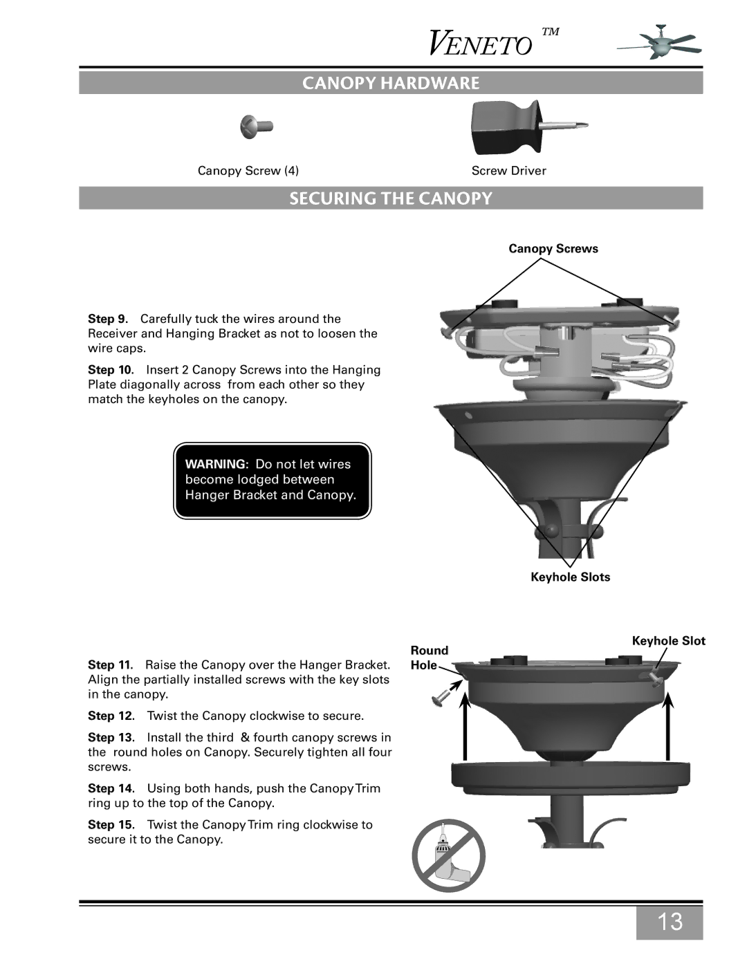 Casablanca Fan Company C15G624L owner manual Canopy Hardware, Securing the Canopy, Canopy Screws, Keyhole Slots Round 