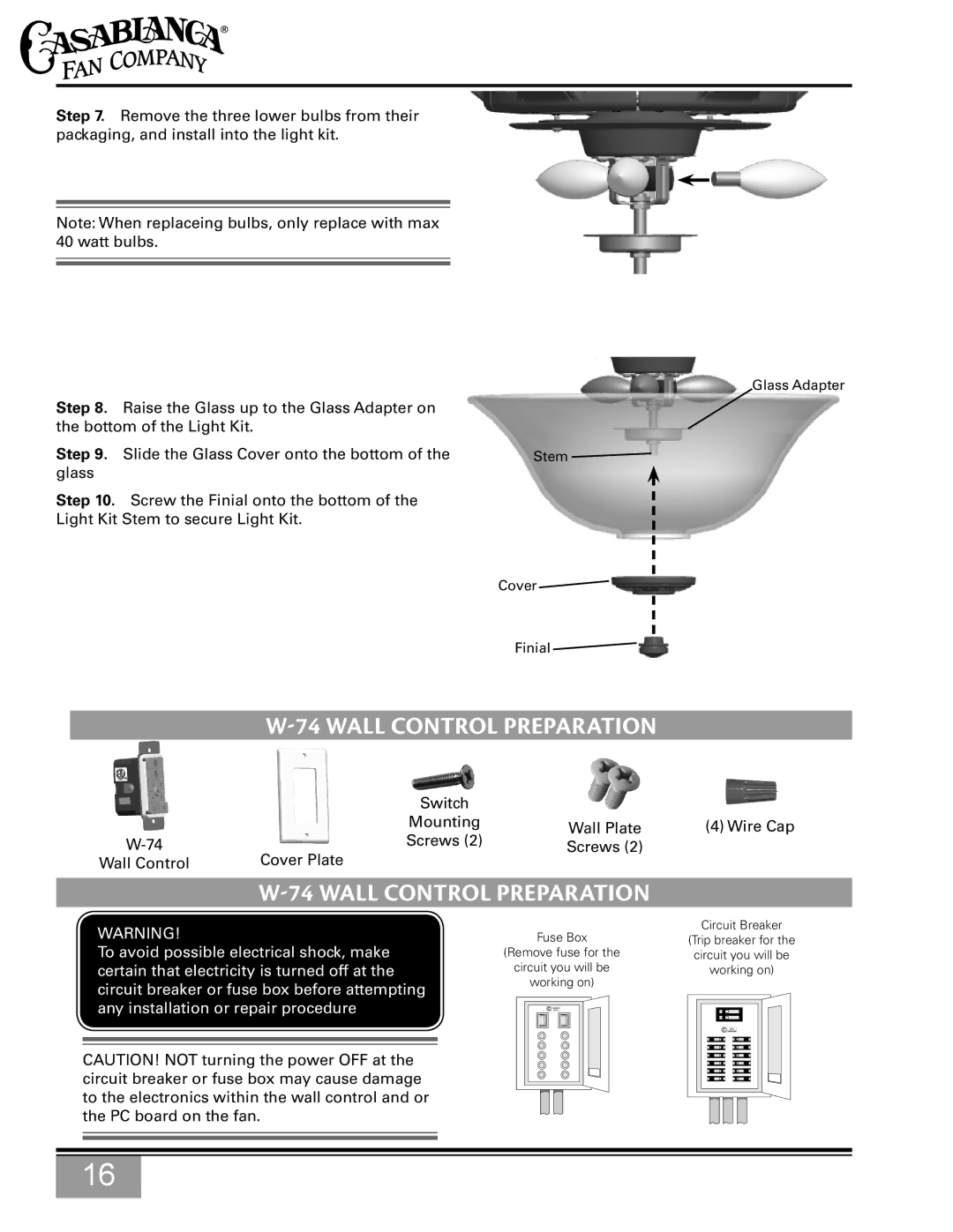 Casablanca Fan Company C15G624L owner manual Wall control Preparation, Wall Control Preparation 