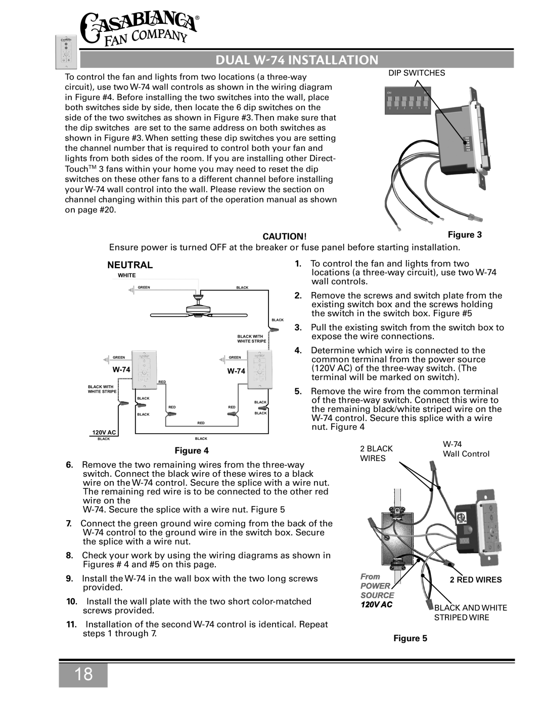 Casablanca Fan Company C15G624L owner manual Dual W-74 Installation, Neutral 