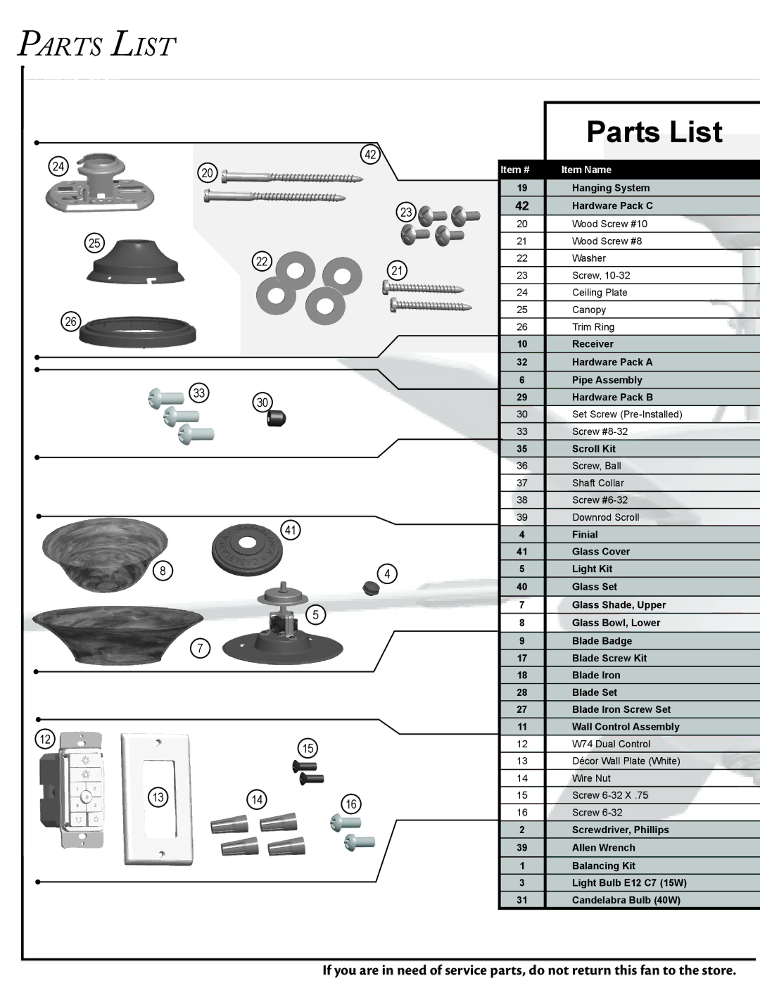 Casablanca Fan Company C15G624L owner manual Parts List 