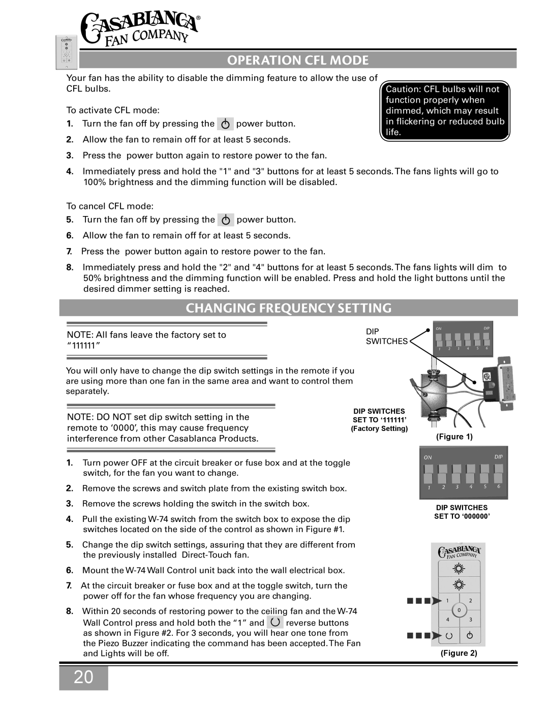 Casablanca Fan Company C15G624L owner manual Operation CFL Mode, Changing Frequency Setting 