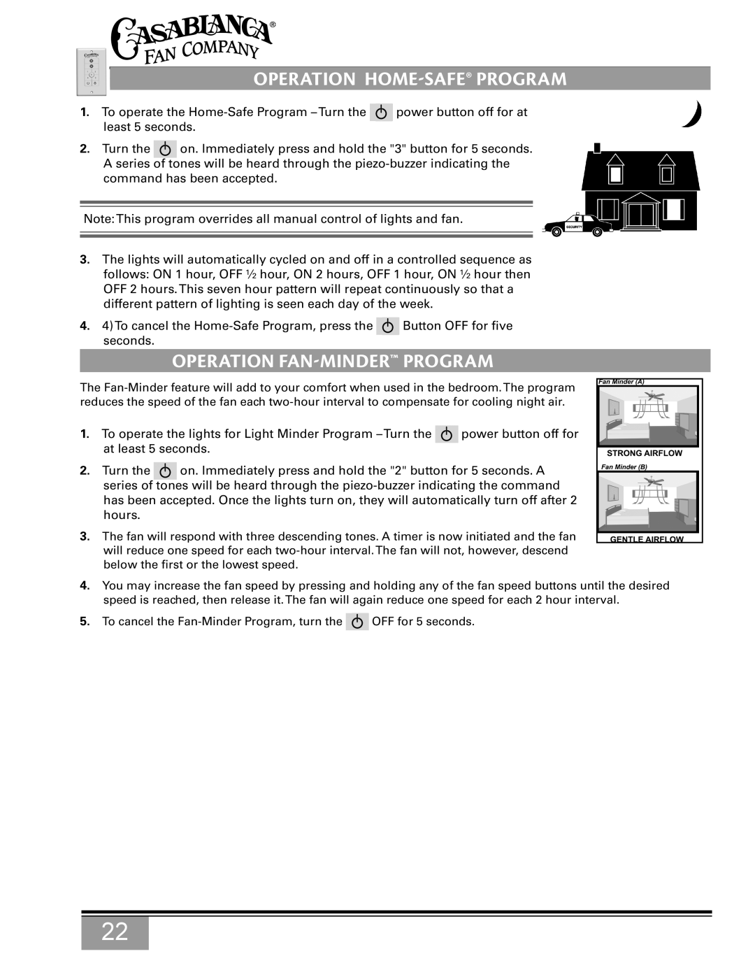 Casablanca Fan Company C15G624L owner manual Operation Home-Safe Program, Operation Fan-Minder Program 