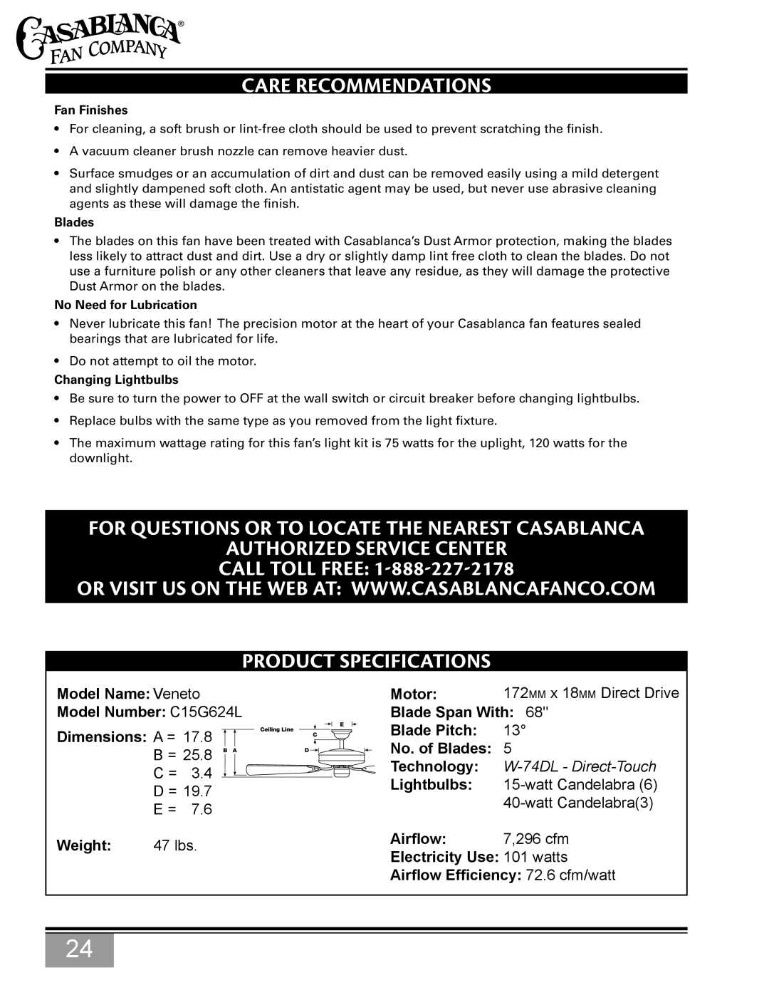 Casablanca Fan Company C15G624L Care Recommendations, Fan Finishes, Blades, No Need for Lubrication, Changing Lightbulbs 