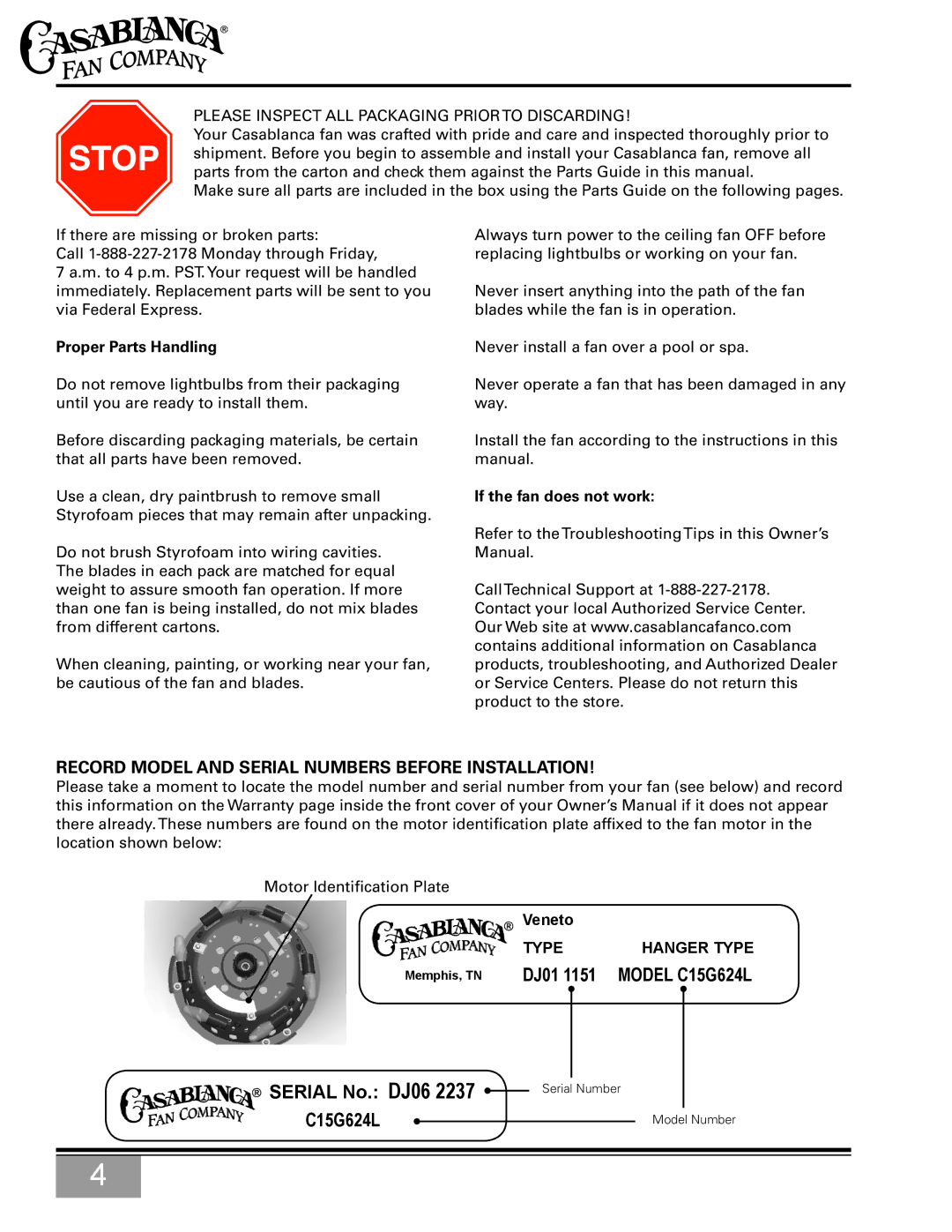 Casablanca Fan Company C15G624L owner manual Proper Parts Handling, If the fan does not work, Veneto 