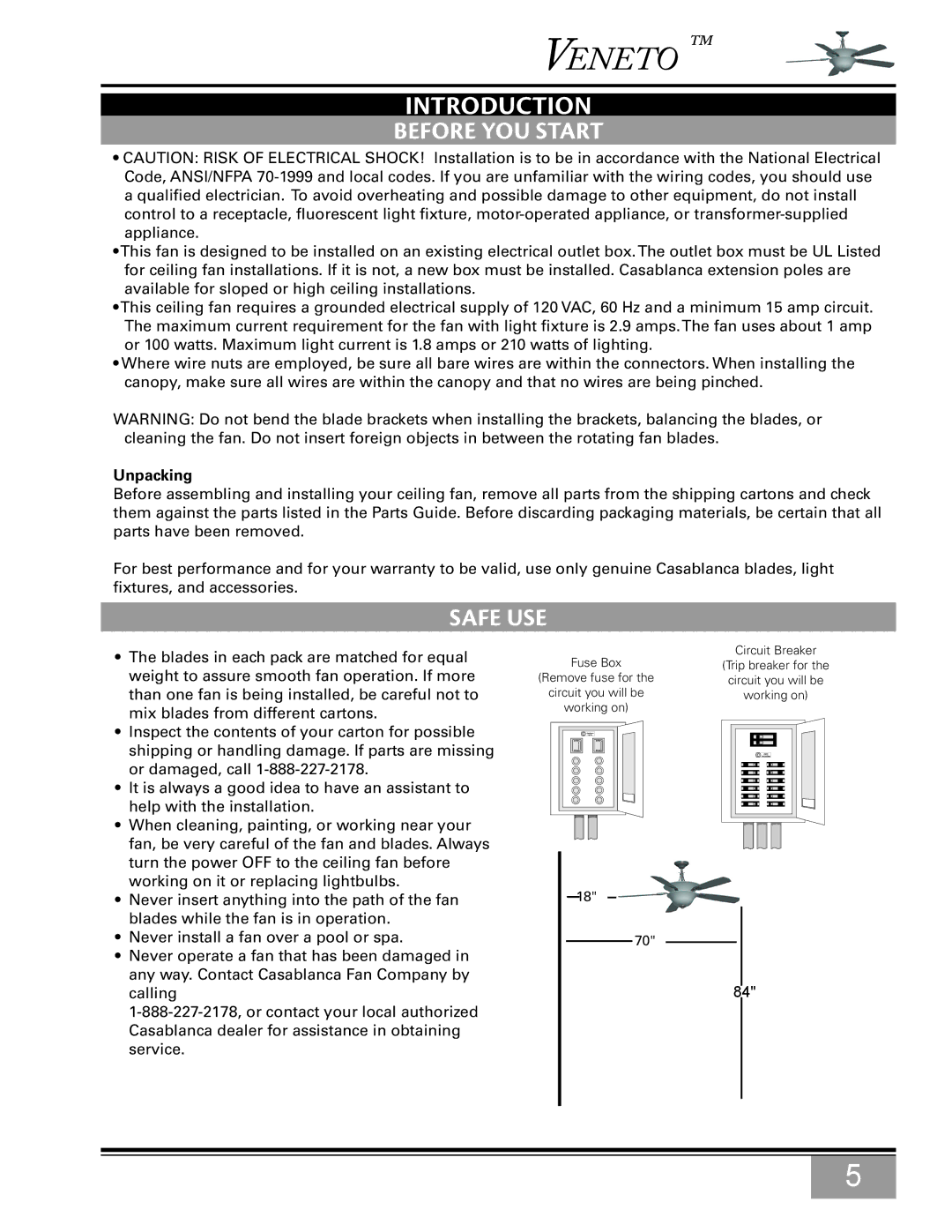 Casablanca Fan Company C15G624L owner manual Introduction, Before You Start, Safe Use, Unpacking 