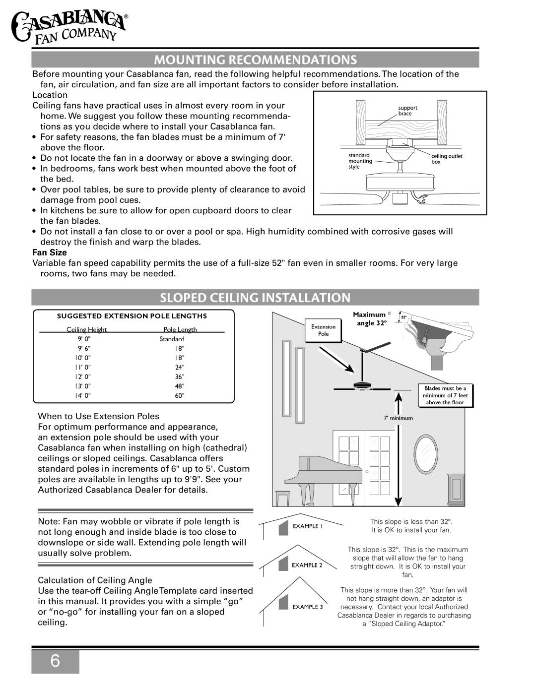 Casablanca Fan Company C15G624L owner manual Mounting Recommendations, Sloped Ceiling Installation, Fan Size 