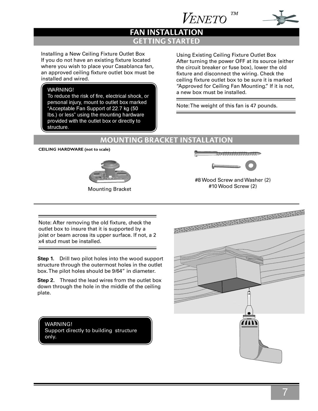 Casablanca Fan Company C15G624L owner manual Fan Installation, Getting Started, Mounting Bracket Installation 