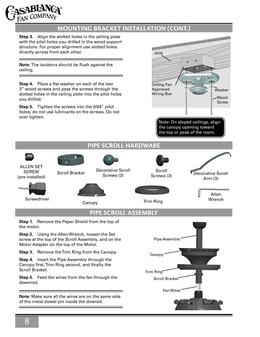 Casablanca Fan Company C15G624L owner manual Pipe Scroll Hardware, Pipe Scroll Assembly 
