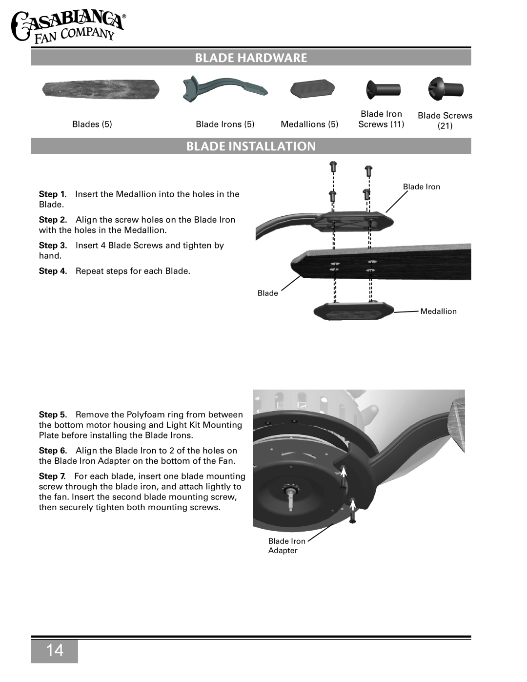 Casablanca Fan Company C15G624L owner manual Blade Hardware, Blade Installation, Blade Medallion, Blade Iron Adapter 