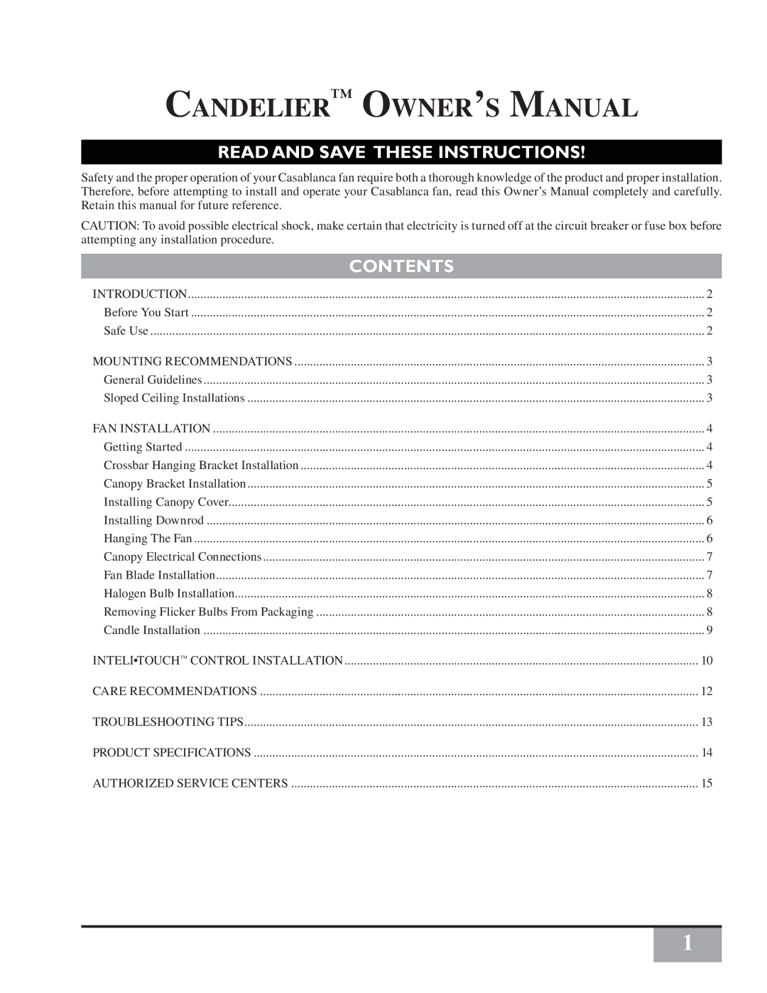 Casablanca Fan Company C16G73T owner manual Read and Save These Instructions, Contents 