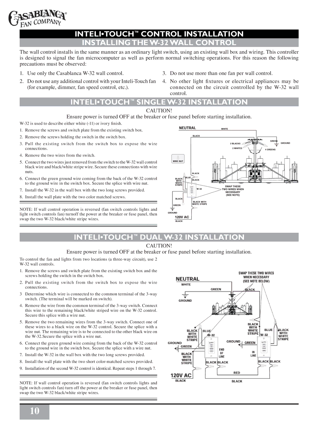 Casablanca Fan Company C16G73T owner manual Intelitouch Single W-32 Installation, Intelitouch Dual W-32 Installation 