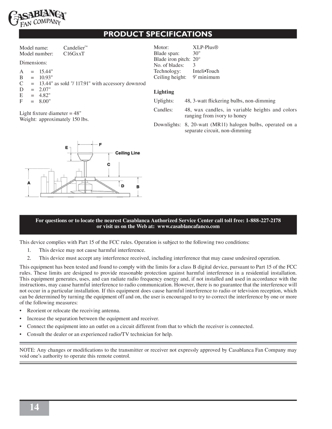 Casablanca Fan Company C16G73T owner manual Product Specifications, Lighting 