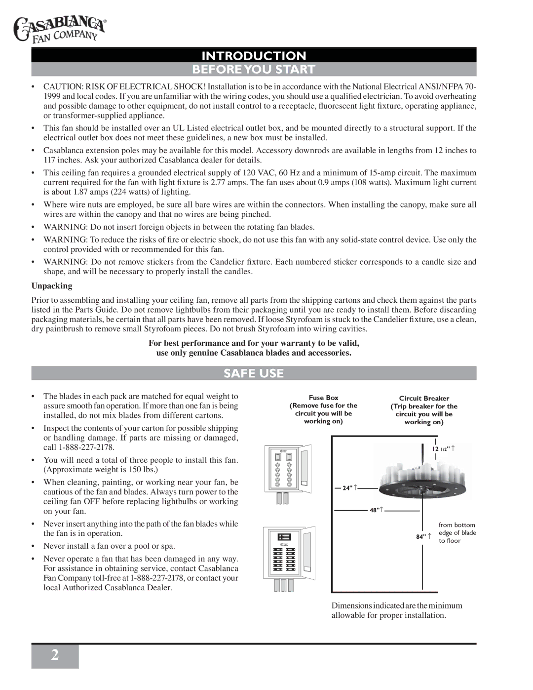 Casablanca Fan Company C16G73T owner manual Introduction Beforeyou Start, Safe USE, Unpacking 