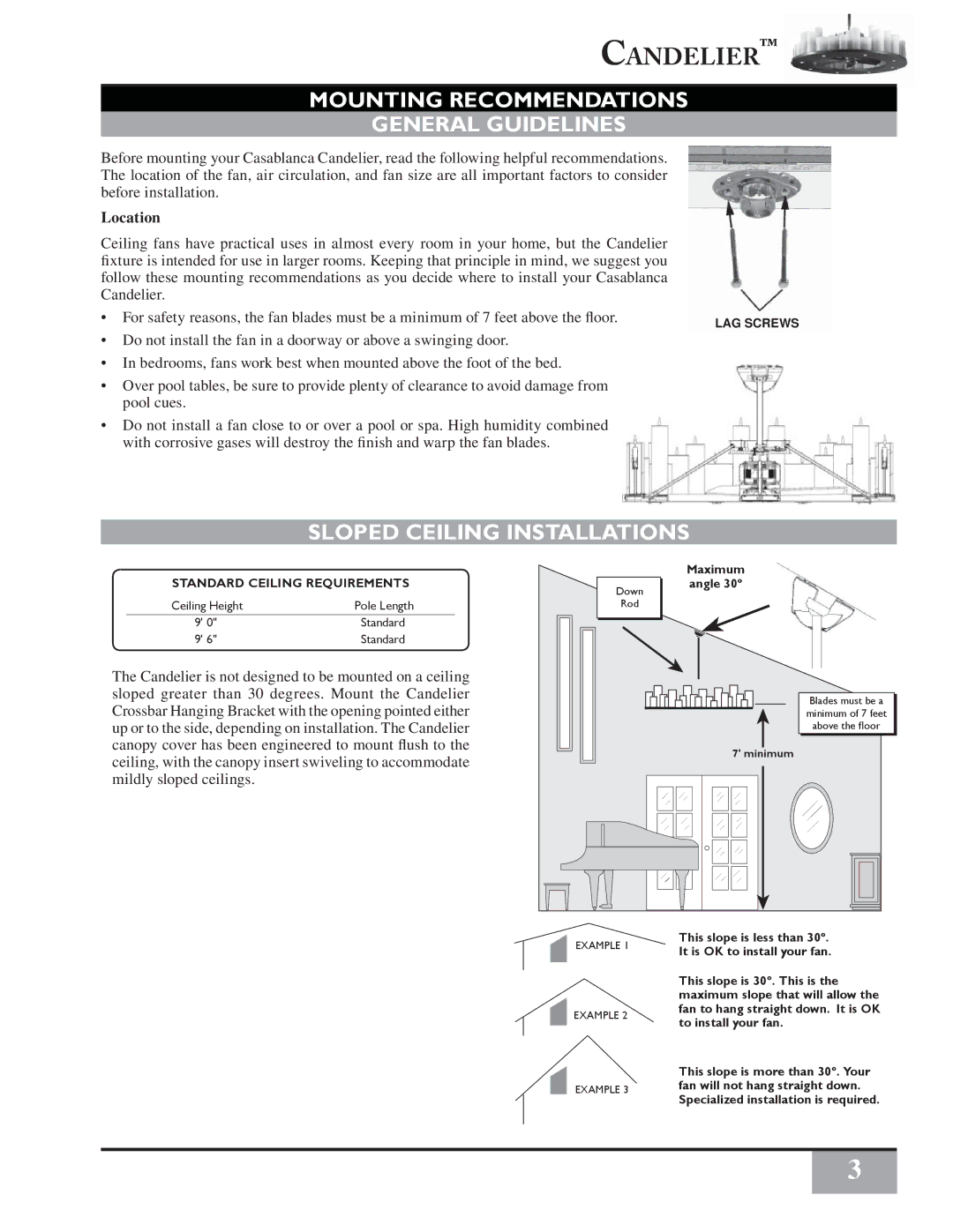 Casablanca Fan Company C16G73T Mounting Recommendations General Guidelines, Sloped Ceiling Installations, Location 