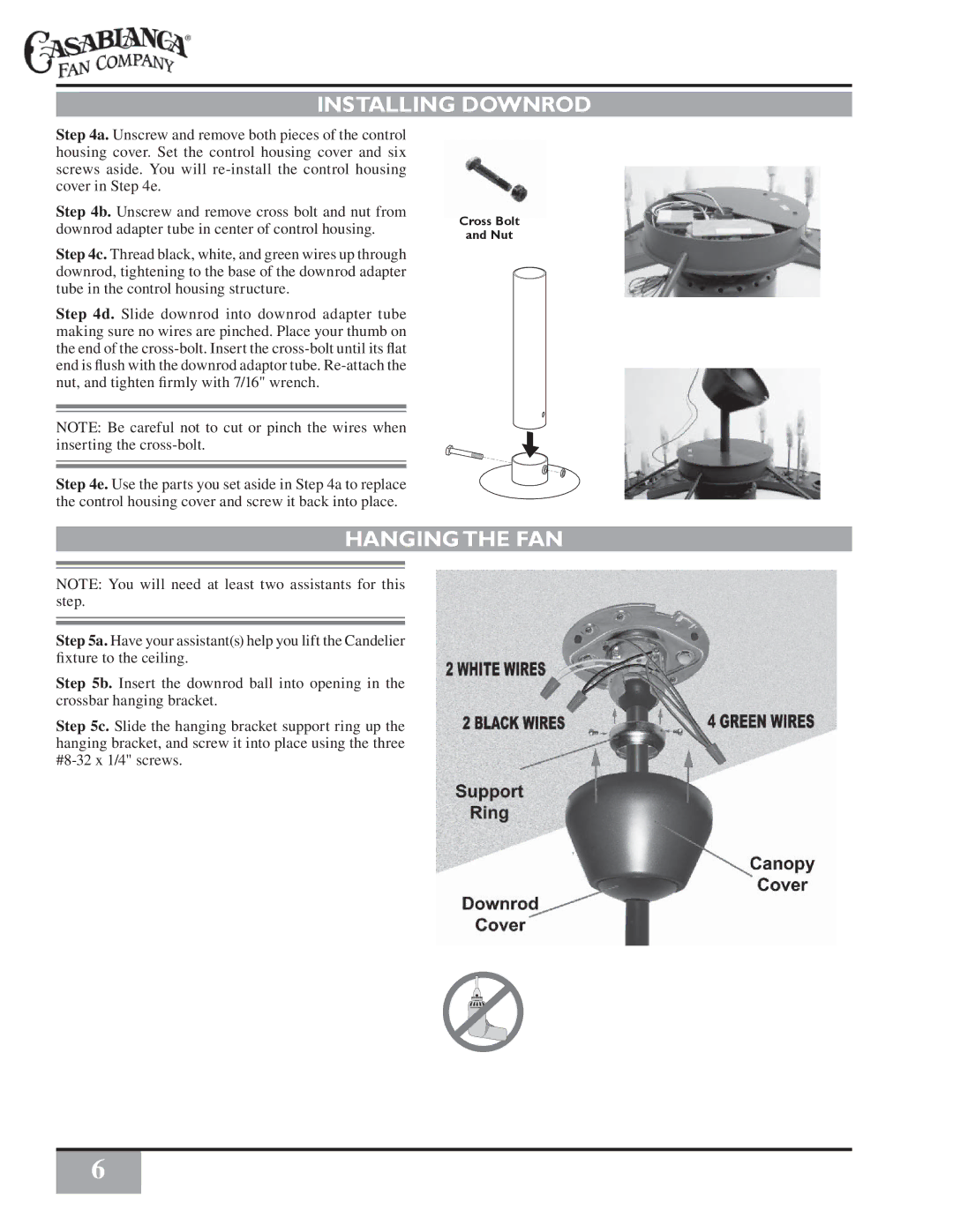 Casablanca Fan Company C16G73T owner manual Installing Downrod, Hanging the FAN 