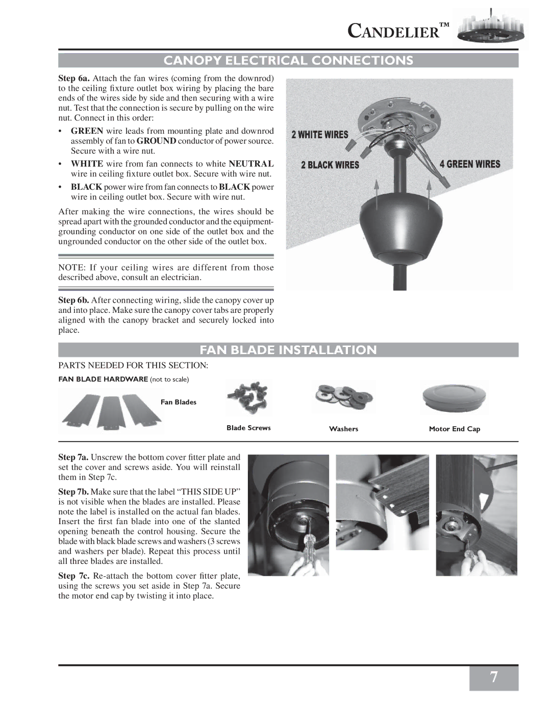 Casablanca Fan Company C16G73T owner manual Canopy Electrical Connections, FAN Blade Installation 