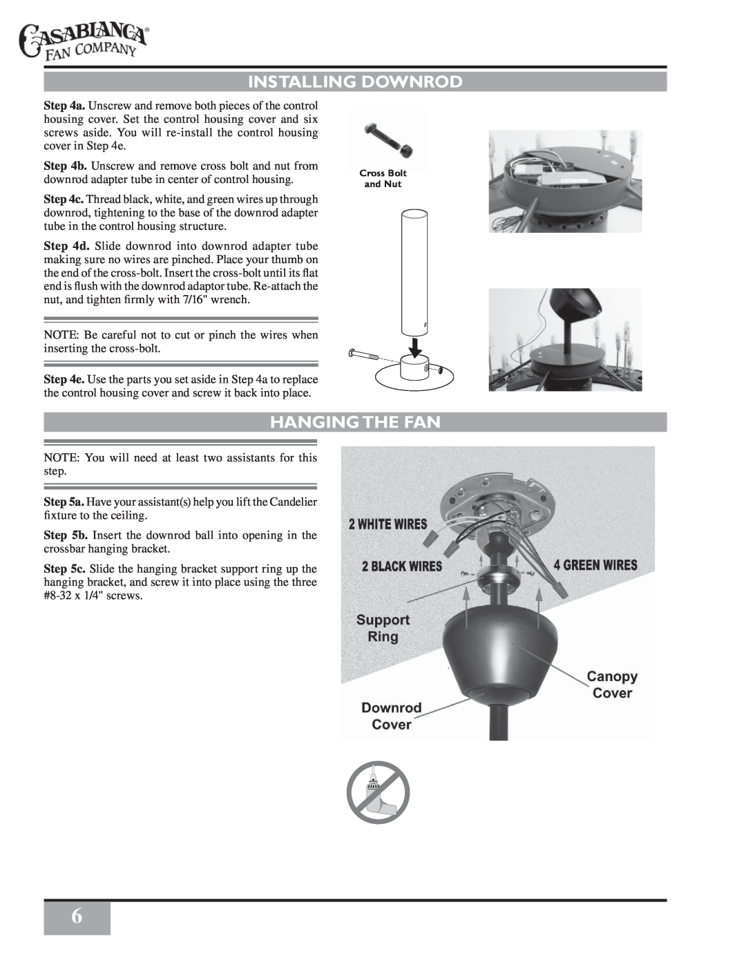 Casablanca Fan Company C16G73T owner manual Installing Downrod, Hanging The Fan, Cross Bolt and Nut 