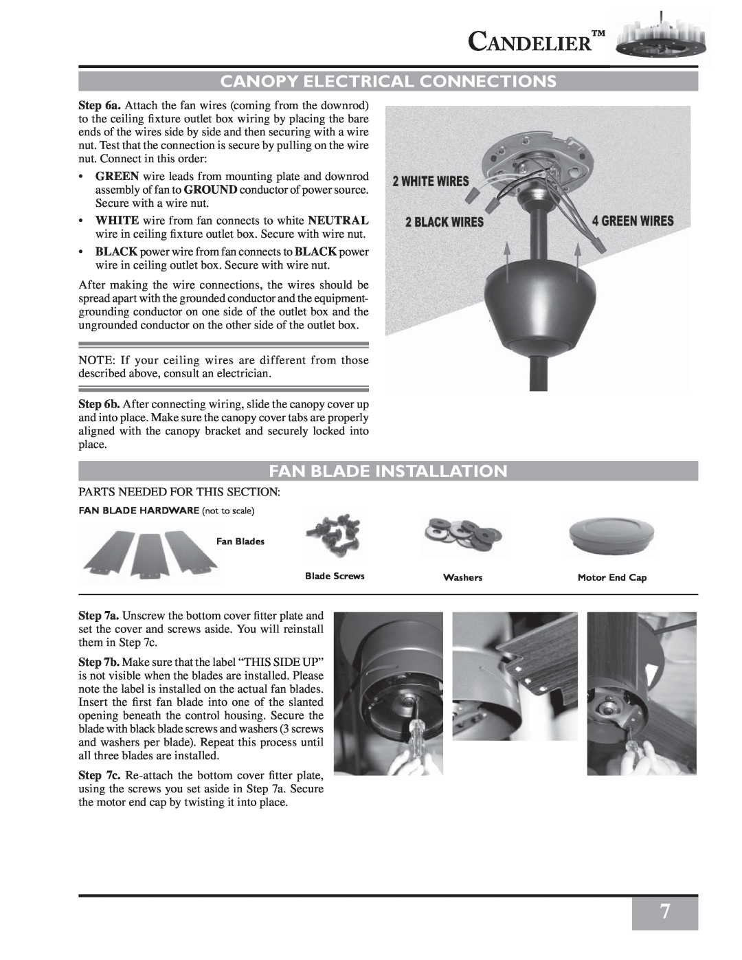 Casablanca Fan Company C16G73T owner manual Canopy Electrical Connections, Fan Blade Installation, Candelier 