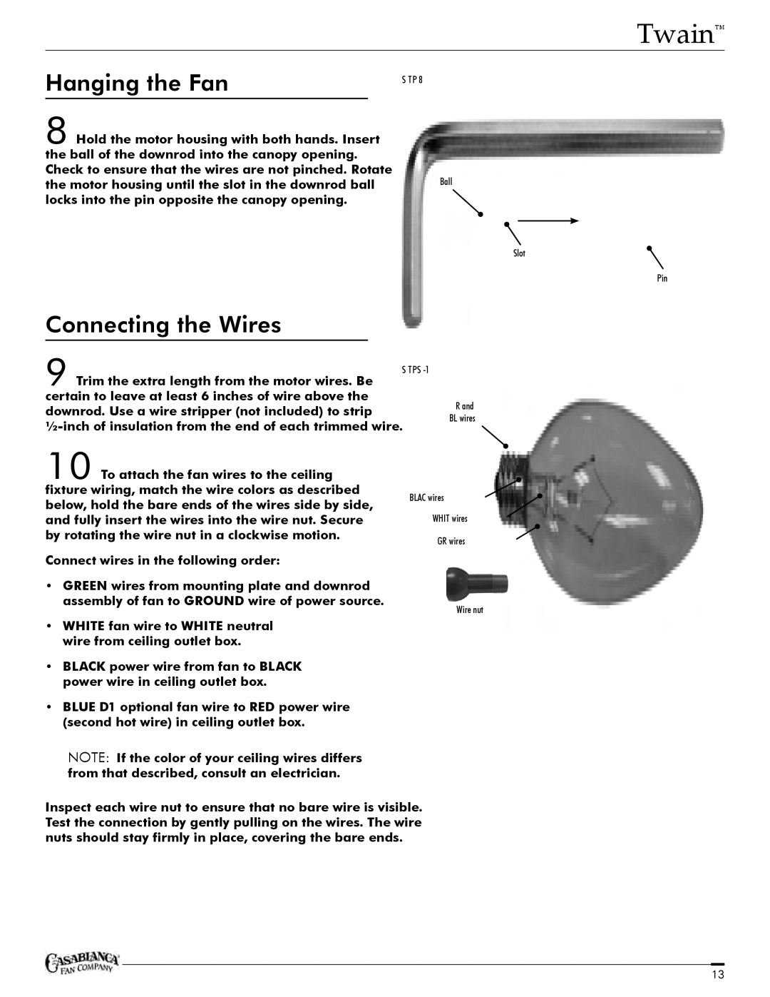 Casablanca Fan Company C25G624FPOMONA owner manual Hanging the Fan, Connecting the Wires 