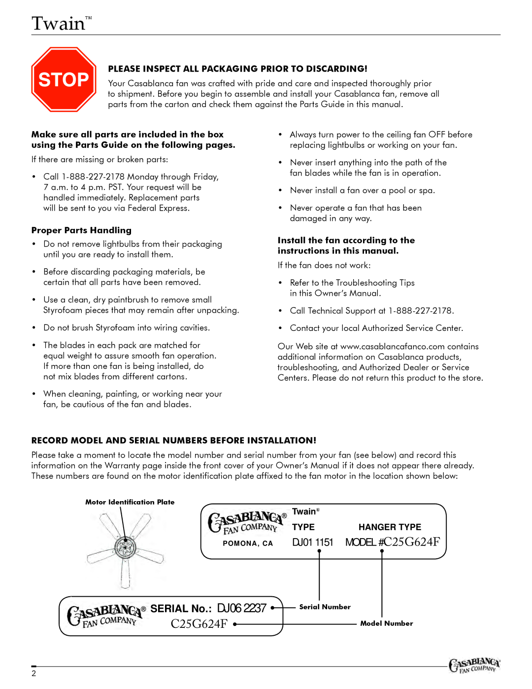Casablanca Fan Company C25G624FPOMONA owner manual Proper Parts Handling, Twain 