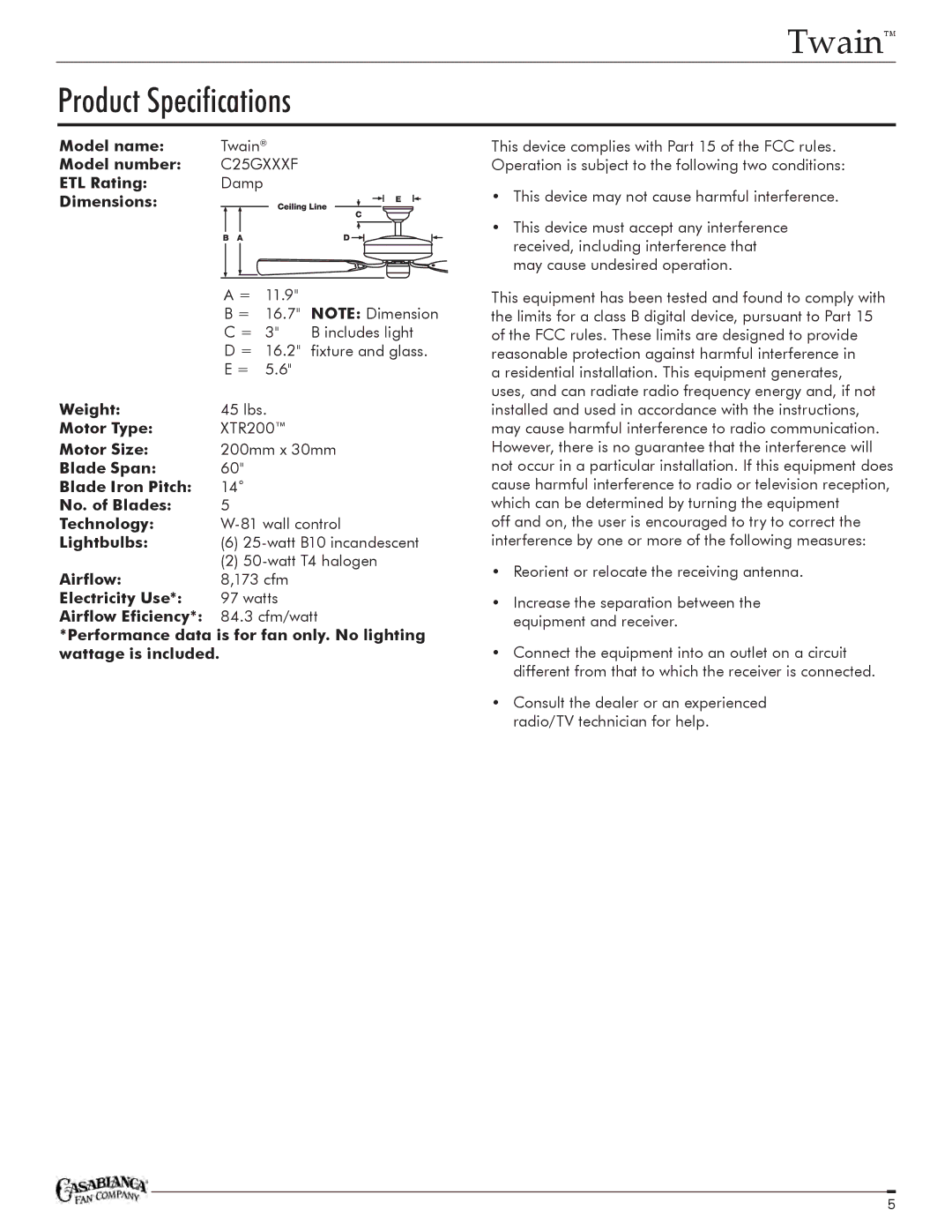 Casablanca Fan Company C25G624FPOMONA owner manual Product Specifications 