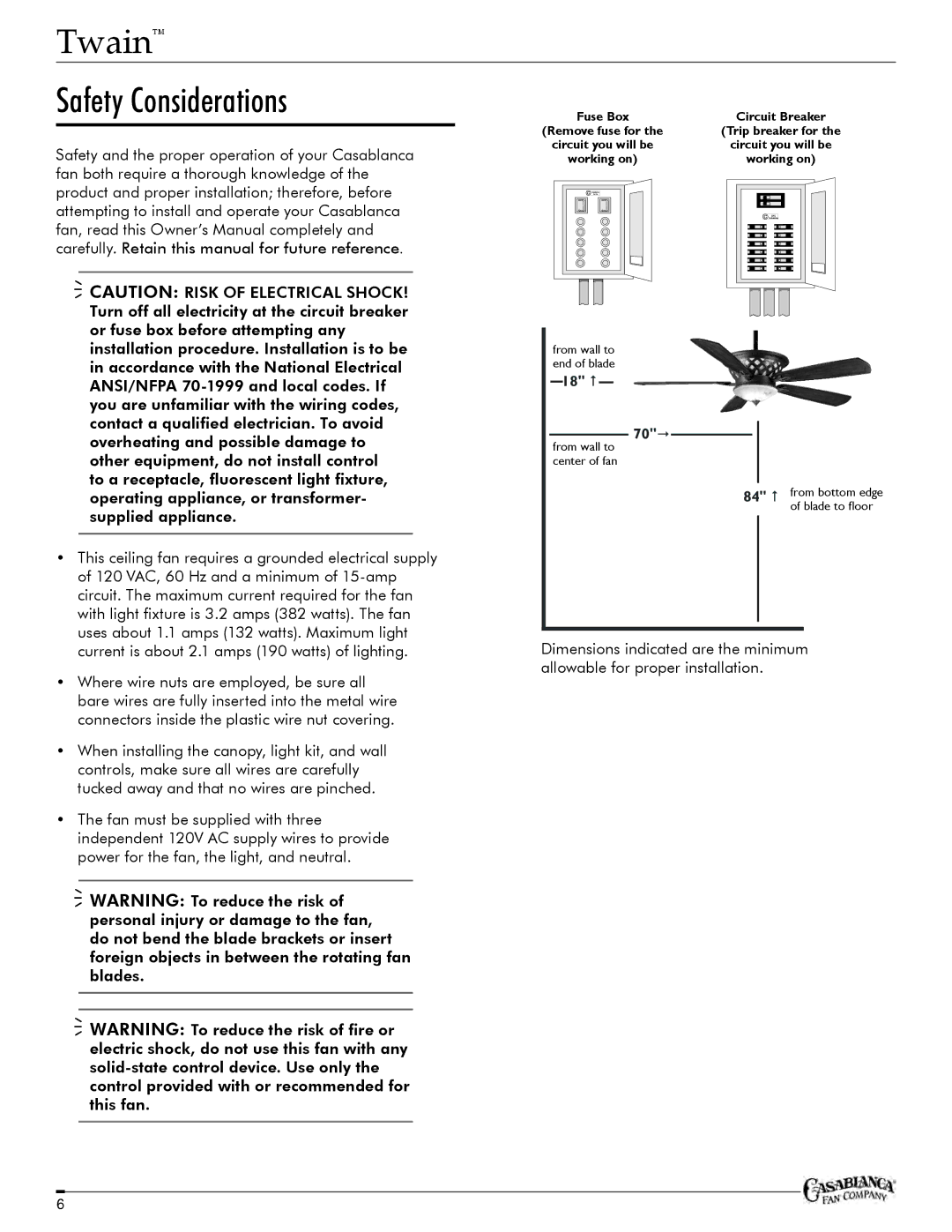 Casablanca Fan Company C25G624FPOMONA owner manual Safety Considerations 