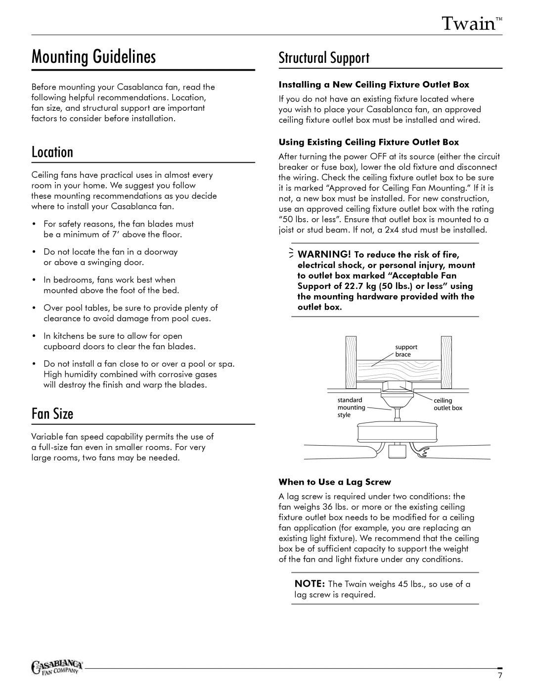 Casablanca Fan Company C25G624FPOMONA owner manual Mounting Guidelines, Location, Fan Size, Structural Support 