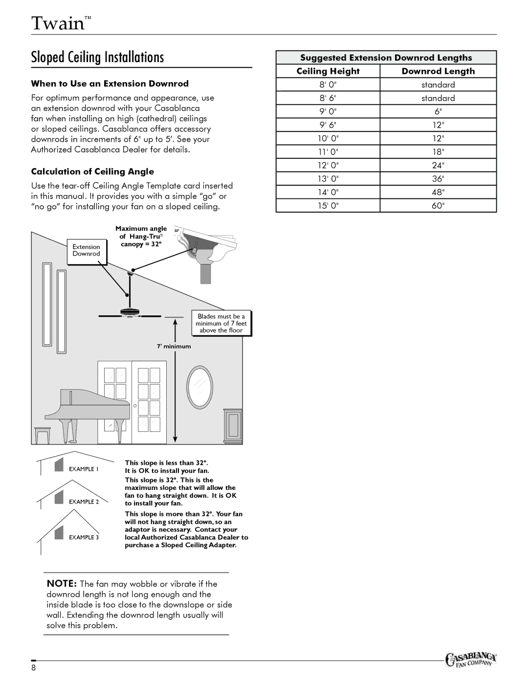 Casablanca Fan Company C25G624FPOMONA owner manual Sloped Ceiling Installations, When to Use an Extension Downrod 