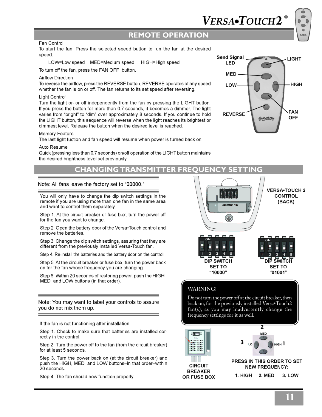 Casablanca Fan Company C28GXXM warranty Remote Operation, Changingtransmitter Frequency Setting 