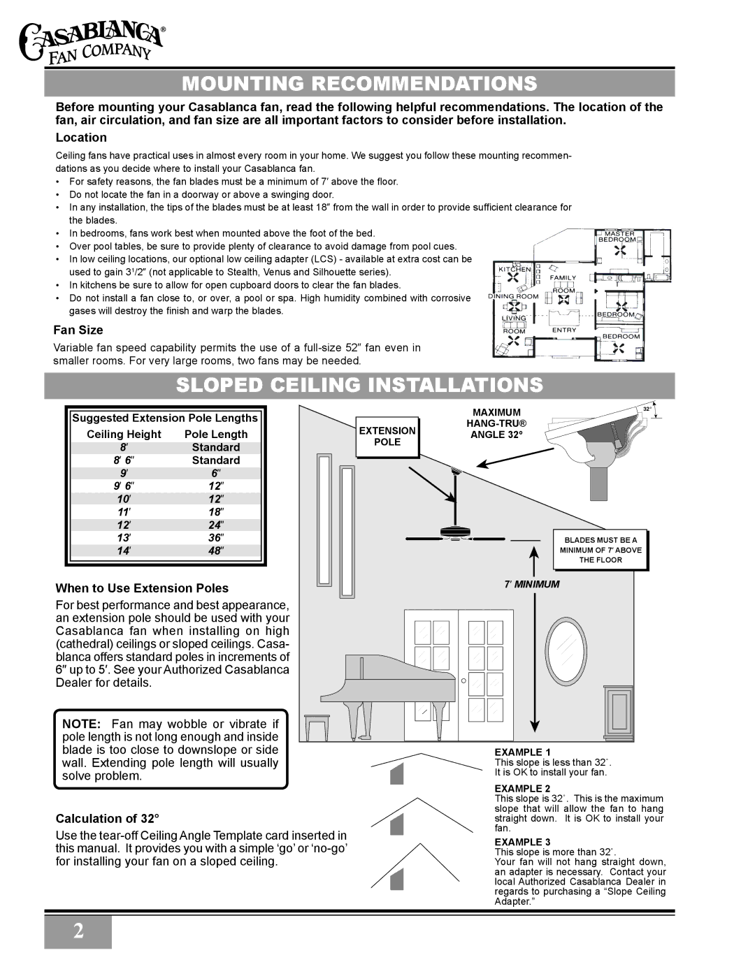 Casablanca Fan Company C28GXXM warranty Mounting Recommendations, Sloped Ceiling Installations, Fan Size, Calculation 