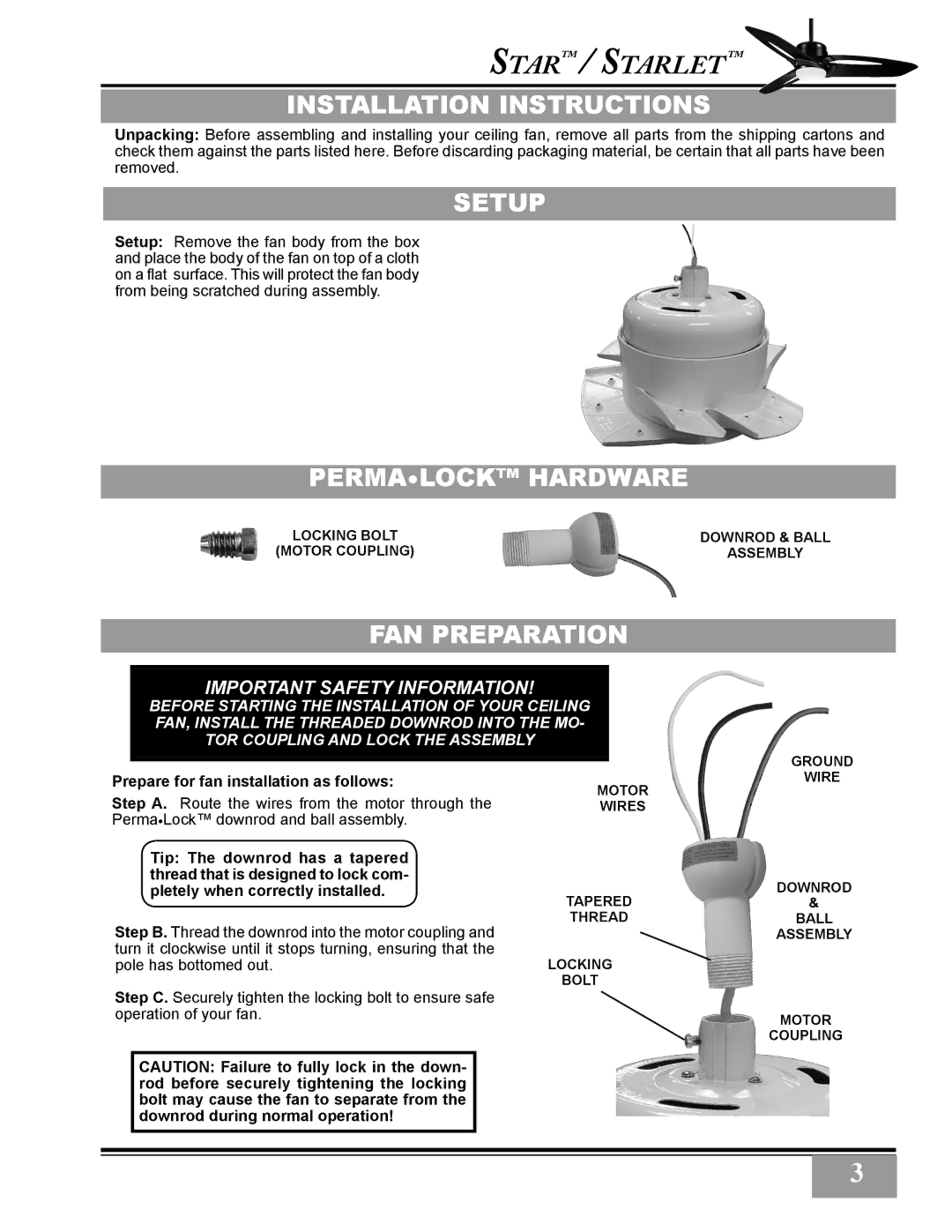 Casablanca Fan Company C28GXXM warranty Installation Instructions, Setup, Permalock Hardware, FAN Preparation 