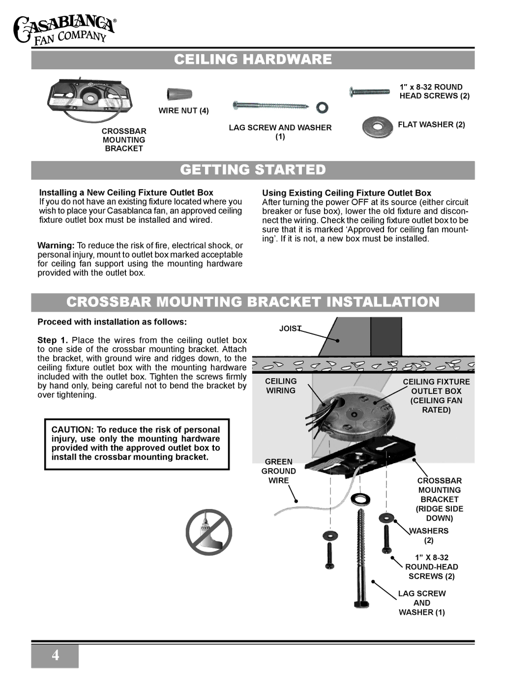 Casablanca Fan Company C28GXXM warranty Ceiling Hardware, Getting Started, Crossbar Mounting Bracket Installation 