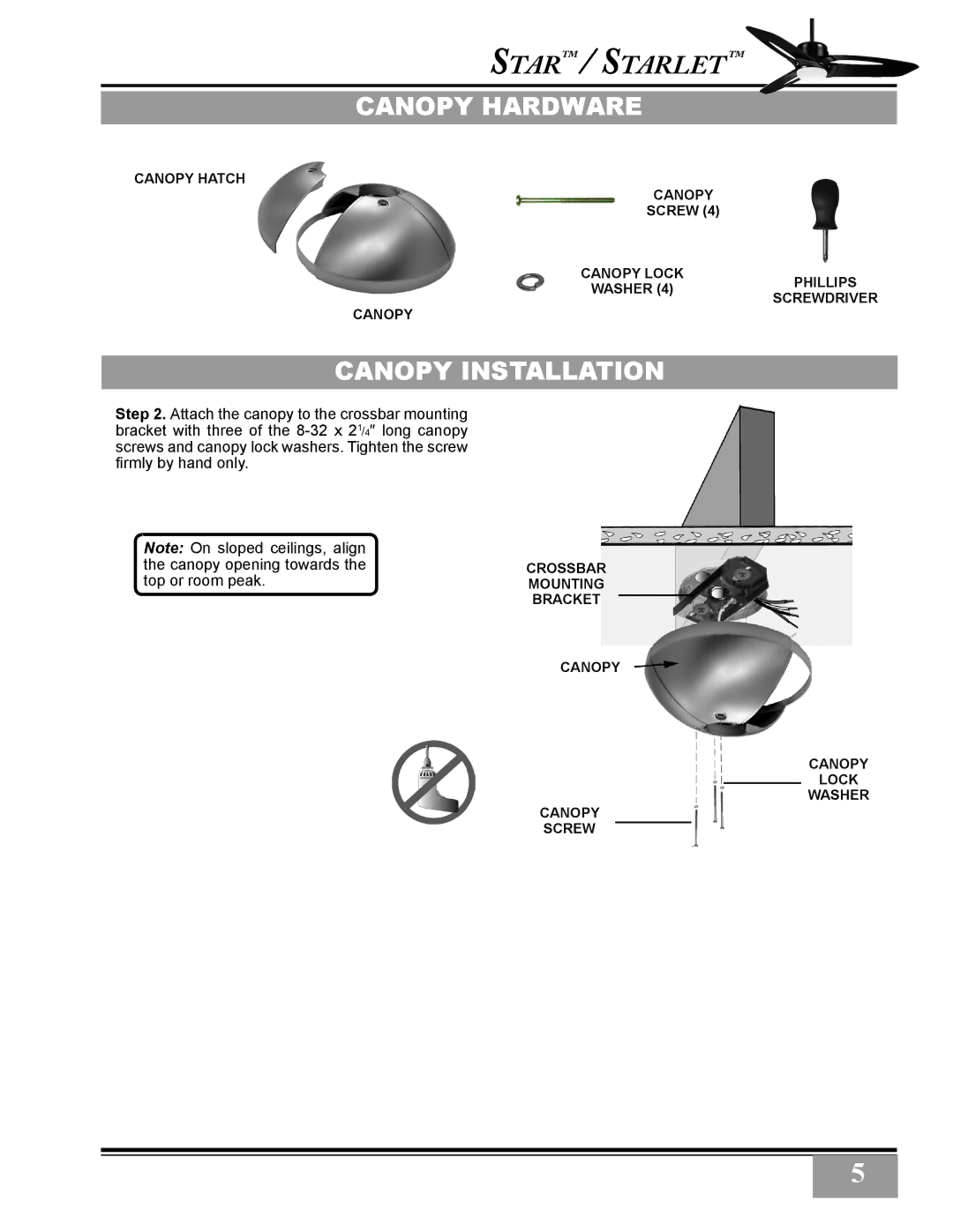 Casablanca Fan Company C28GXXM warranty Canopy Hardware, Canopy Installation 