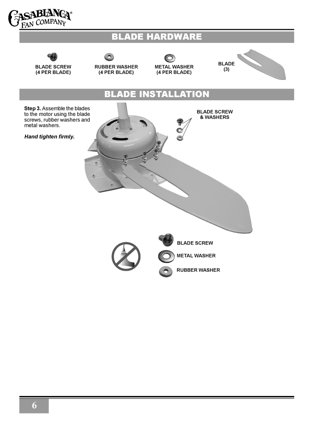 Casablanca Fan Company C28GXXM warranty Blade Hardware, Blade Installation 