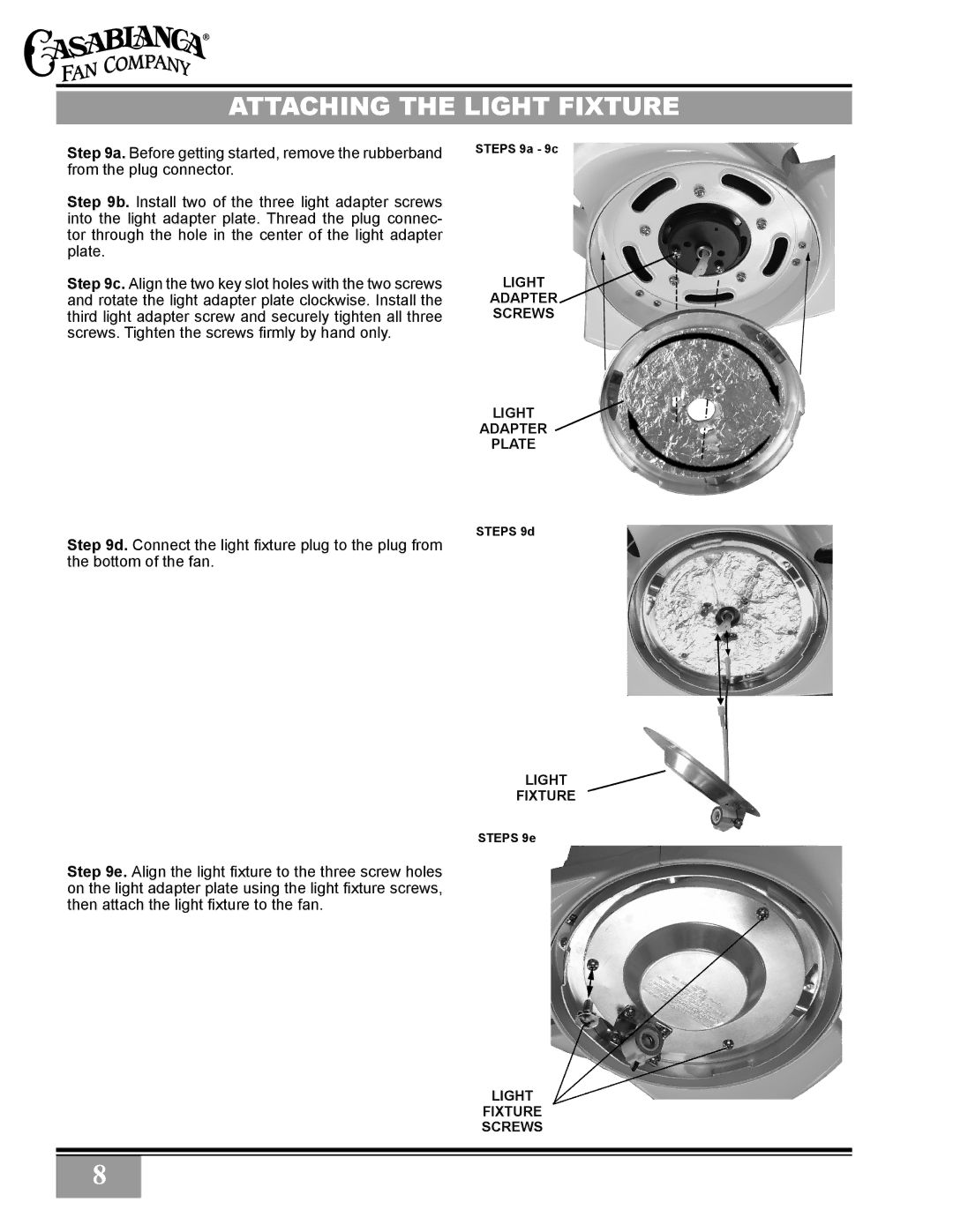 Casablanca Fan Company C28GXXM warranty Attaching the Light Fixture 