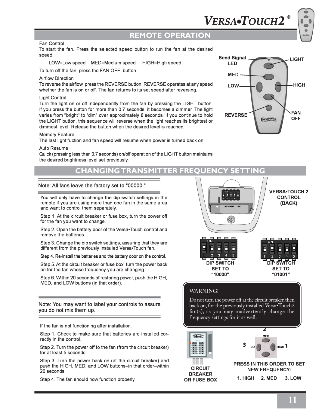 Casablanca Fan Company C28GXXM warranty Remote Operation, Changingtransmitter Frequency Setting 