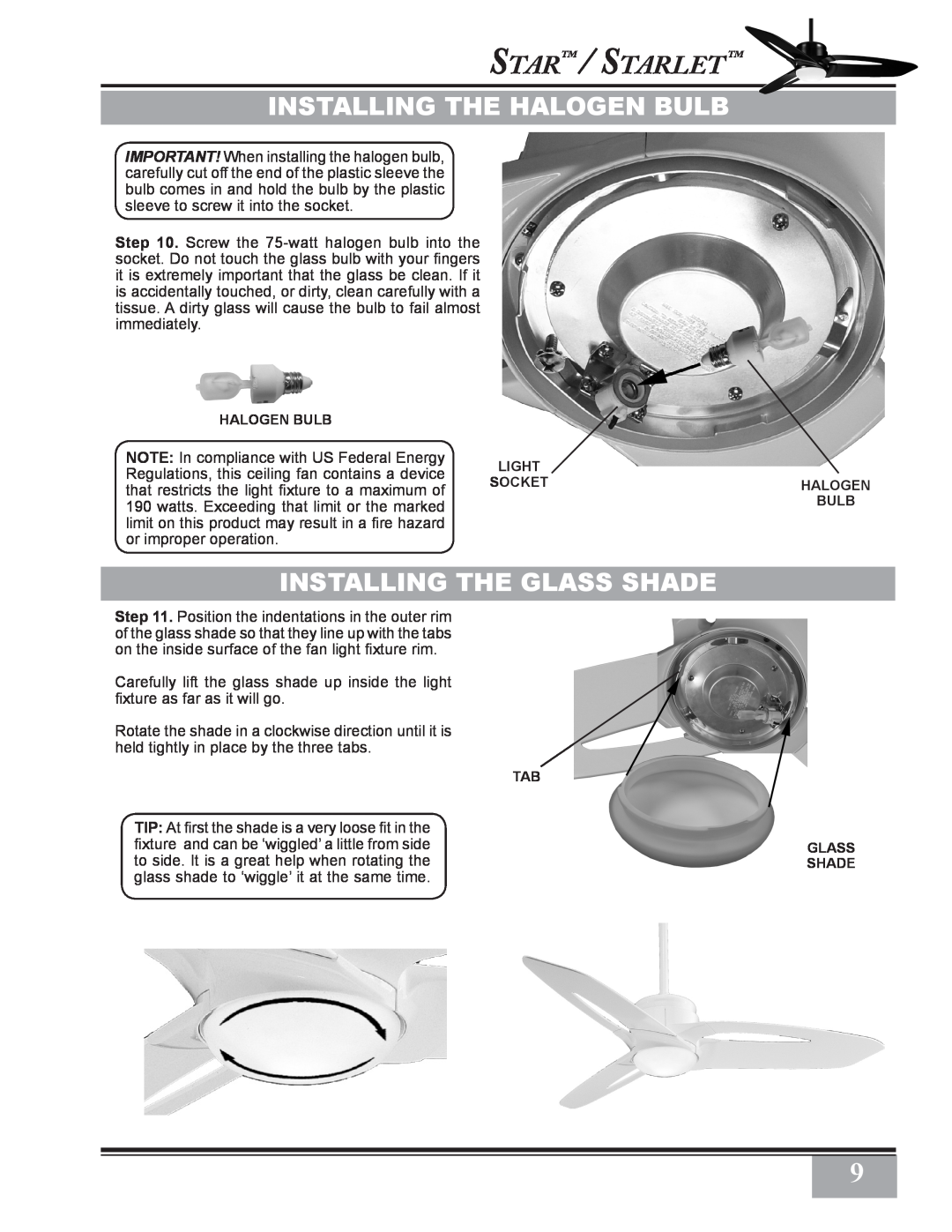 Casablanca Fan Company C28GXXM warranty Installing The Halogen Bulb, Installing The Glass Shade, Star / Starlet 