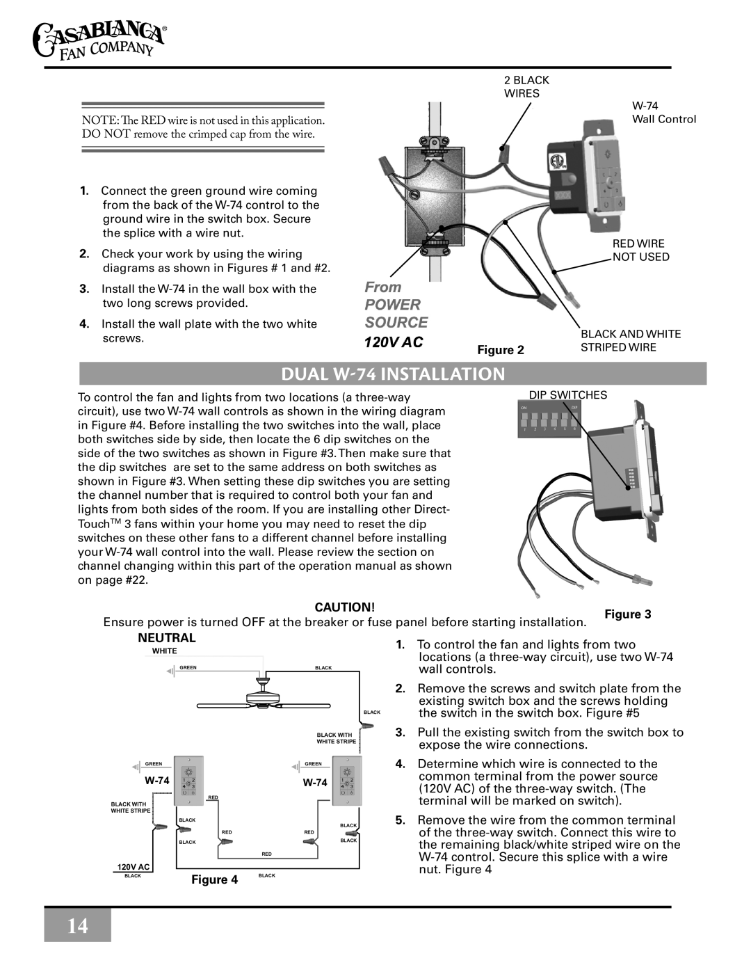 Casablanca Fan Company C30G45L owner manual Dual W-74 Installation, Neutral 