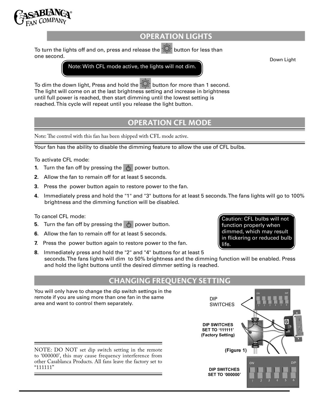 Casablanca Fan Company C30G45L owner manual Operation Lights, Operation CFL Mode, Changing Frequency Setting 