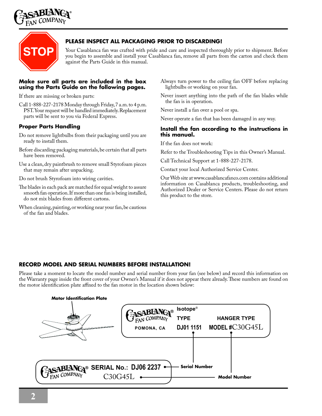 Casablanca Fan Company C30G45L owner manual Proper Parts Handling, Isotope 