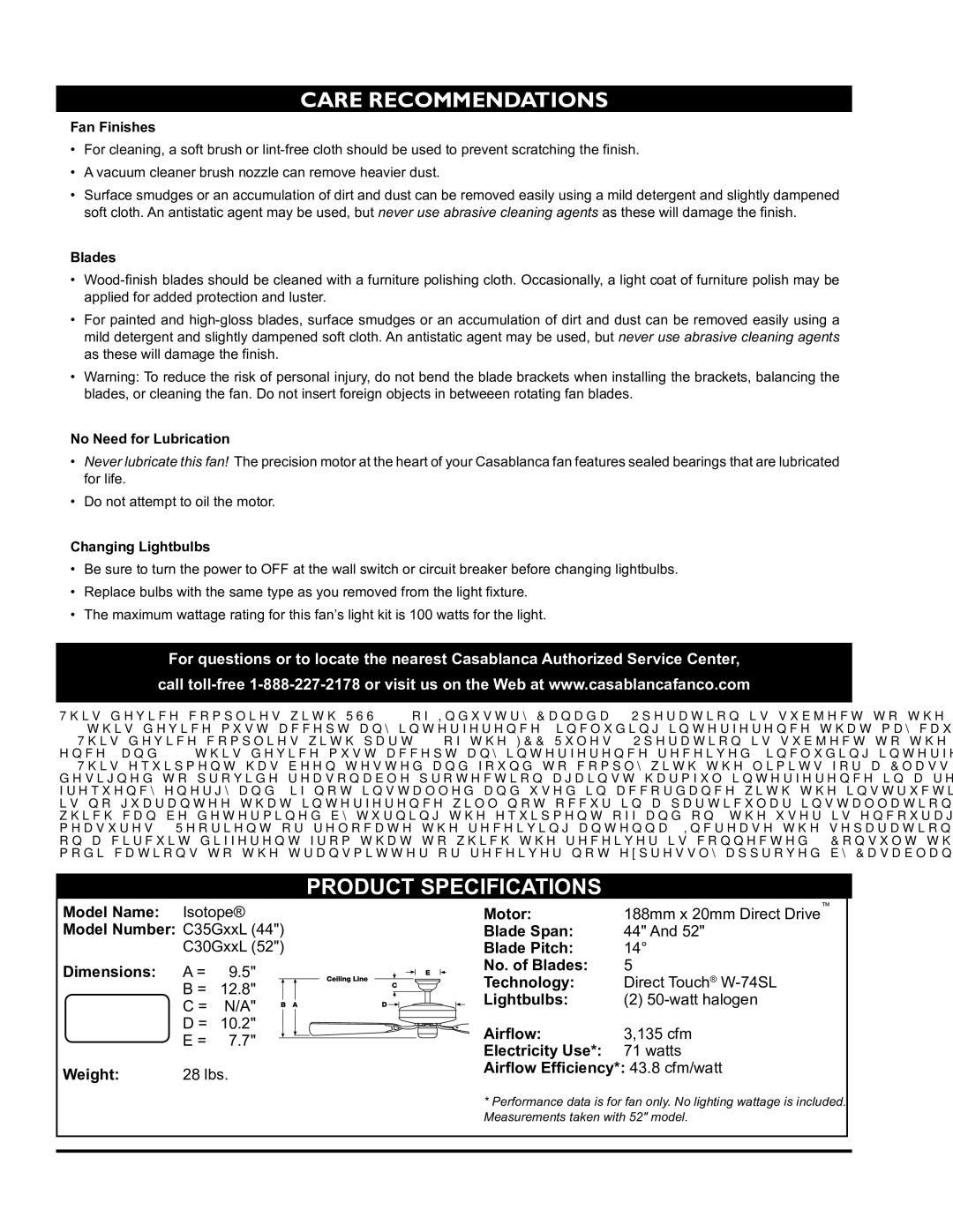 Casablanca Fan Company C30G45L owner manual Care Recommendations, Product Specifications 