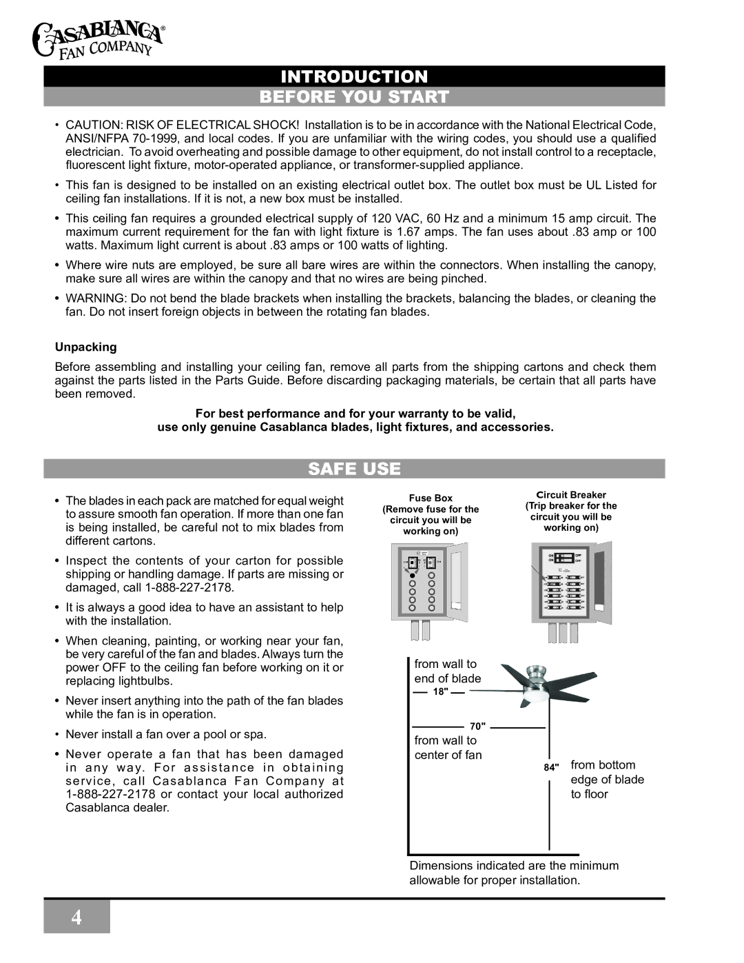 Casablanca Fan Company C30G45L owner manual Introduction Before You Start, Safe Use, Unpacking 